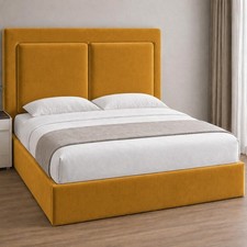 Image of Square Border Bed Plush Velvet Upholstered Ottoman Storage Bed Frame Headboard