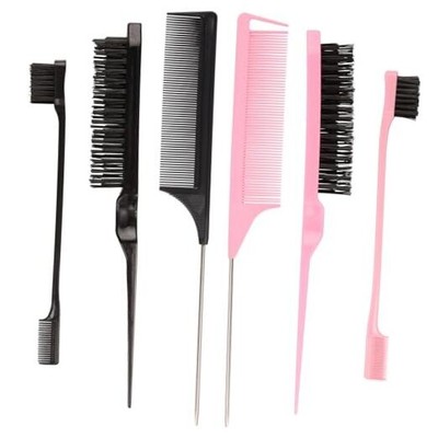 6 Pack Hair Styling Comb Set - 2 Slick Back Brushes, 2 Edge Control Brushes & 