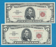 2-$5.00 1963 CONSECUTIVE  LEGAL TENDER RED SEALS GEM NEW PAIR