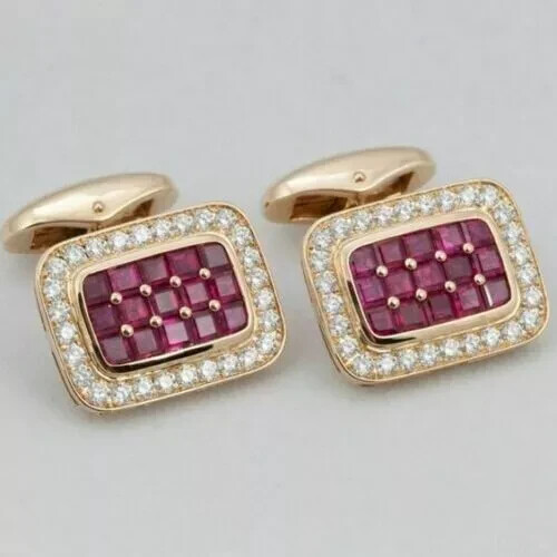 2Ct Princess Cut Lab Created Ruby Wedding Cufflinks 14k Yellow Gold Plated Men's - Picture 3 of 3