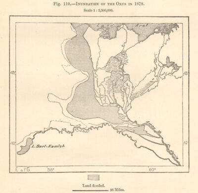 1878 Oxus (Amu Darya) flood. Aral Sea Lake Sarygamysh Uzbekistan Sketch map 1885