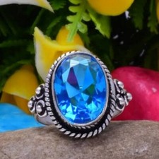 Natural Blue Topaz Gemstone 925 Sterling Silver Ring Handmade Women Gift D-649