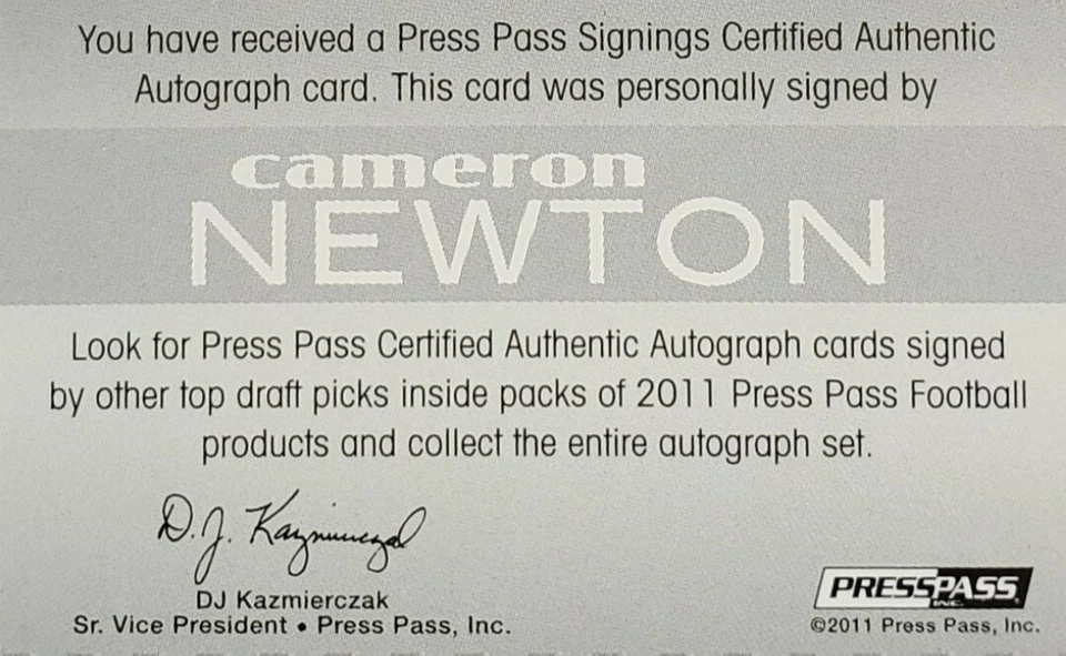 2011 CAM NEWTON PRESS PASS RC AUTO ROOKIE AUTOGRAPH SERIAL NUMBERED 33/99 - Image 3 of 4