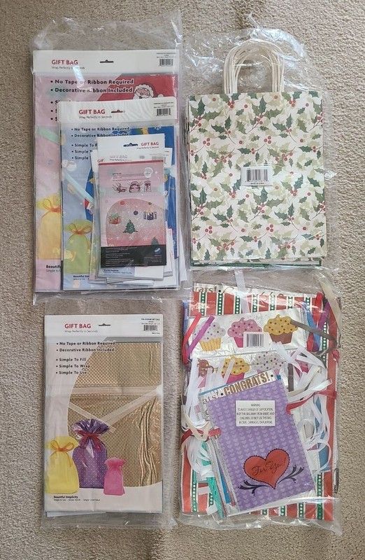 53 Assorted Gift Bags Paper W/Handles Ribbon Cinch Ties W/Tags Mixed Occasions