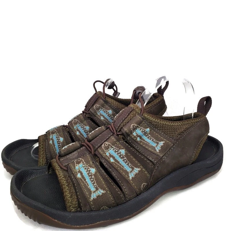 ORVIS Brown Leather Nylon Stretch Bungee Open Toe Sport Sandals Women s Size 9 M