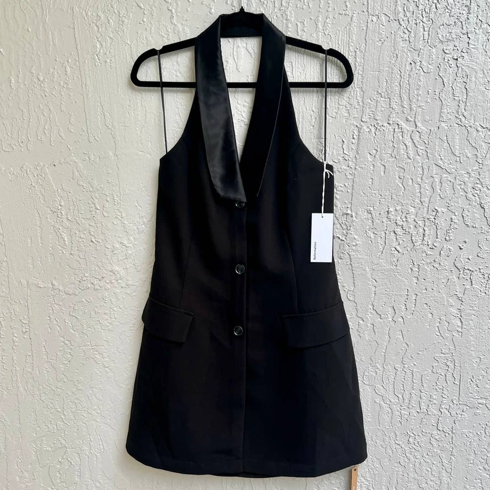 NWT Reformation Halter Neck Open Back Hadley Mini Dress Black