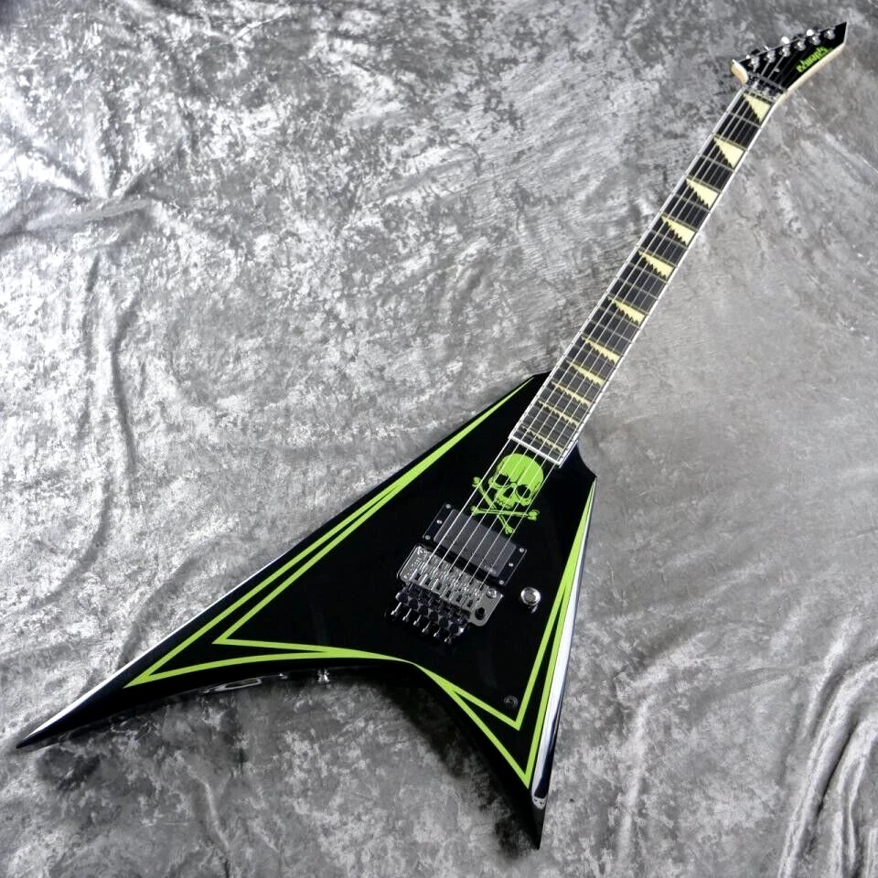 EDWARDS E ALEXI GREENY Black Lime Green Pinstripe Skull Electric Guitar JP