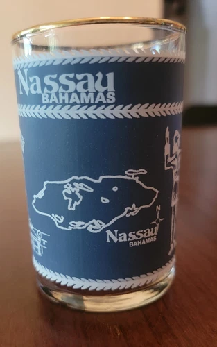 Vintage Federal Glass Nassau Bahamas Blue and White Souvenir Juice Glass 3 1/2"