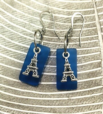 Sea Beach Blue Glass Dangle Earrings Eiffel Tower Surgical Steel Ear Wire  