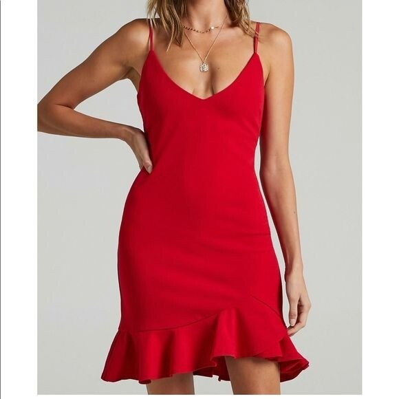 Showpo Red Spaghetti Strap Ruffle V-Neck Dress Womens Size 12 Feminine  Flirty | eBay