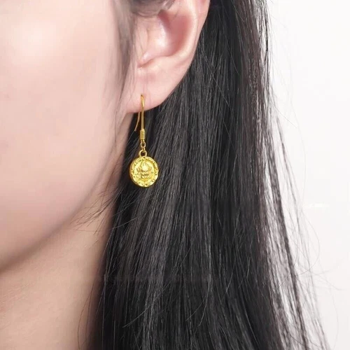 Pure 999 24K Yellow Gold Lucky Women Wealth God Dangle/Drop Earrings 2.15-2.3g - Picture 4 of 10