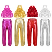 Kids Girls Tracksuit Metallic Vest And Trousers Exercise Crop Top With Pants