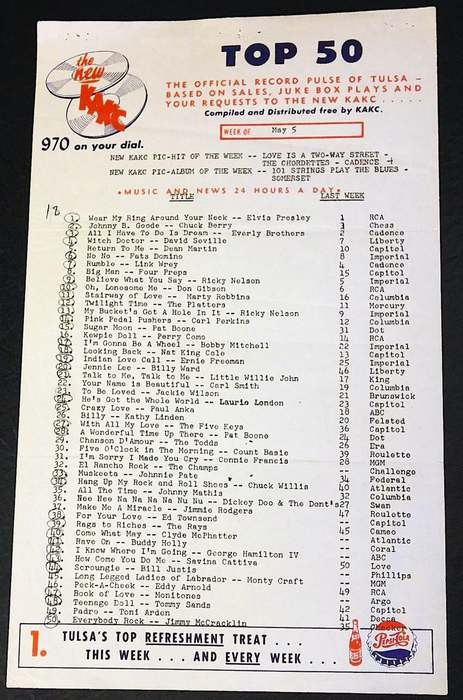 KAKC 970 Tulsa Oklahoma Top 50 Survey 8/11/58 No. 1 Elvis Presley