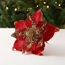 6 Pcs Poinsettia Artificial Flowers Christmas Tree Ornaments Velvet Glitter M...