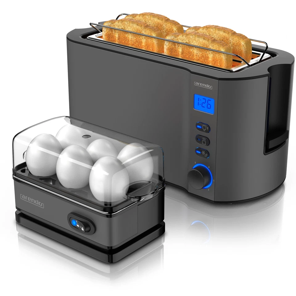 Arendo 1x Toaster, 4 Scheiben, grau + 1x Eierkocher, 1-6 Eier, grau
