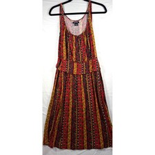 Lucky Brand Womens Tribal Geometric Stripe Midi Dress Red Yellow Navy Size Large