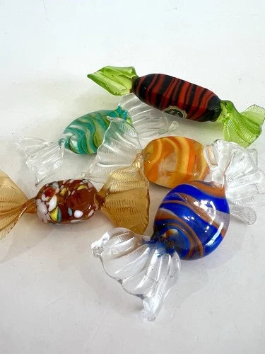 5 Vtg Authentic Murano Italy Hand-Blown Glass Wrapped Hard Candy Pieces Tags
