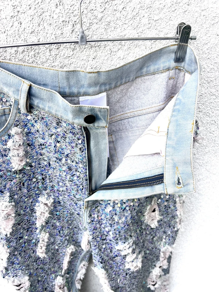Ashish Pink Denim Distressed Hand Embroidered Sequined Jeans w/ Beading M 30” - Image 4 of 4