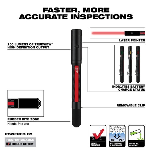 Milwaukee 250 Lumen Rechargeable Penlight with Laser, 6 1/4in.L, Model# 2010R - Picture 3 of 10