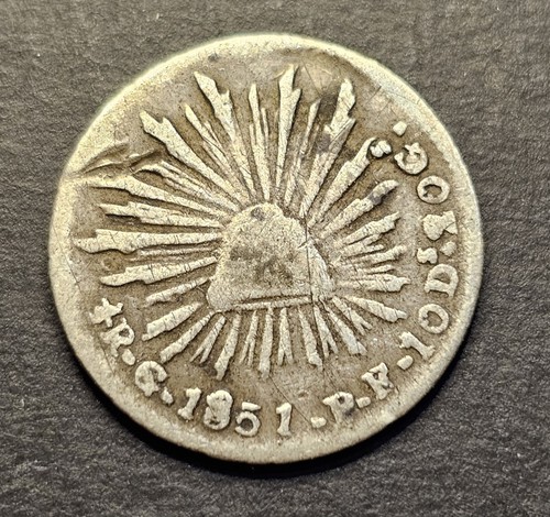 1851 Go PF MEXICO SILVER 1/ 2 REAL FIRST REPUBLIC  RARE COIN - Afbeelding 2 van 8