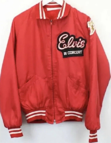 Elvis In Concert Men’s Red/White Zip Bomber Jacket Embroidered Logo Pockets