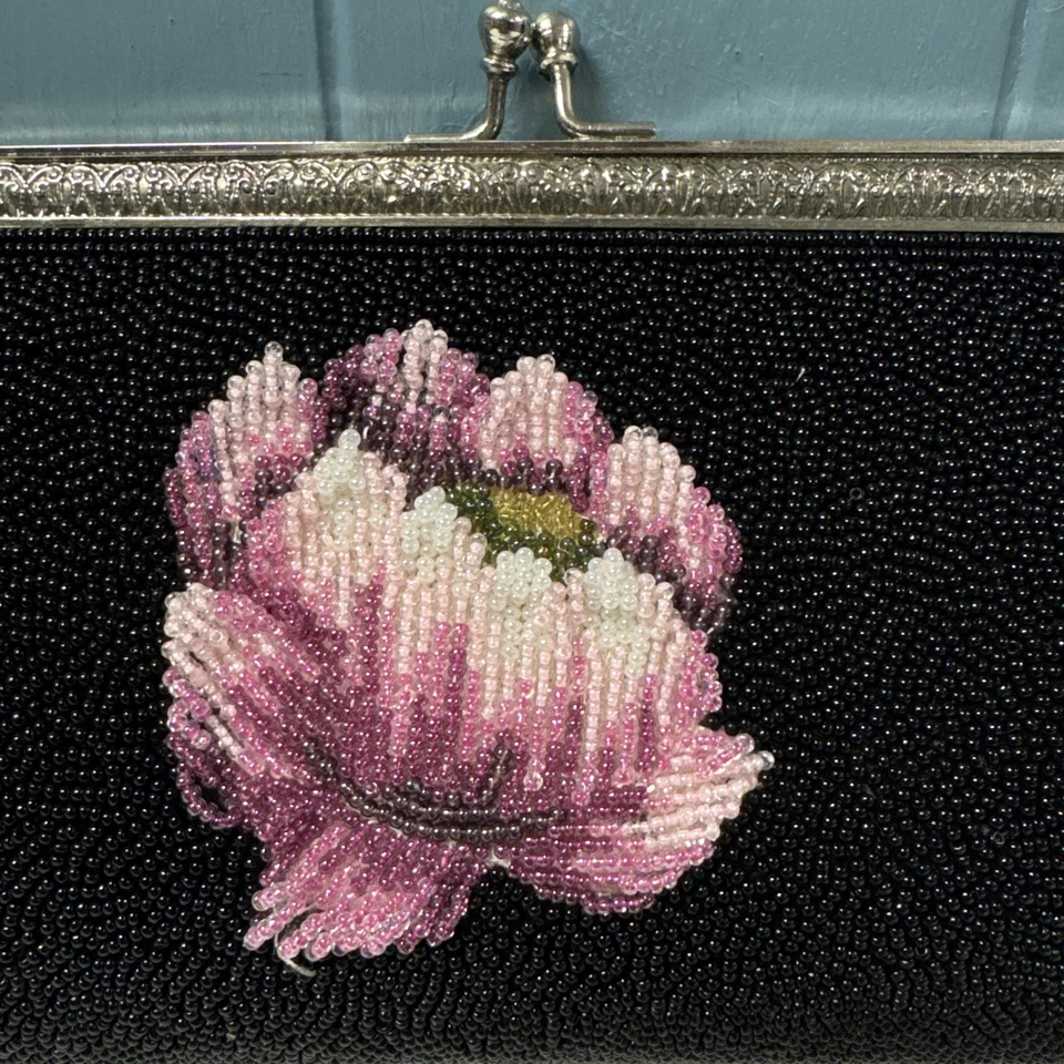 Bolso sin asas de noche vintage negro rosa malva flores bolso floral Foto 4 de 4