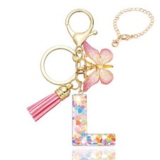 Pink Letter Keychains for Women Girls, Cute Initial Butterfly Tassel Keychain...
