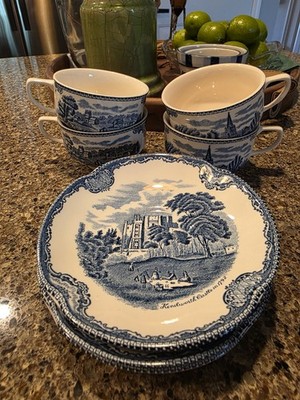Johnson Brothers Blue Old Britain Castles 4 cups & 4 saucers