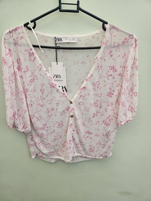 Zara Ligh Knit Floral Cropped Top Cardi Short Sleeve Button Size L New With Tag