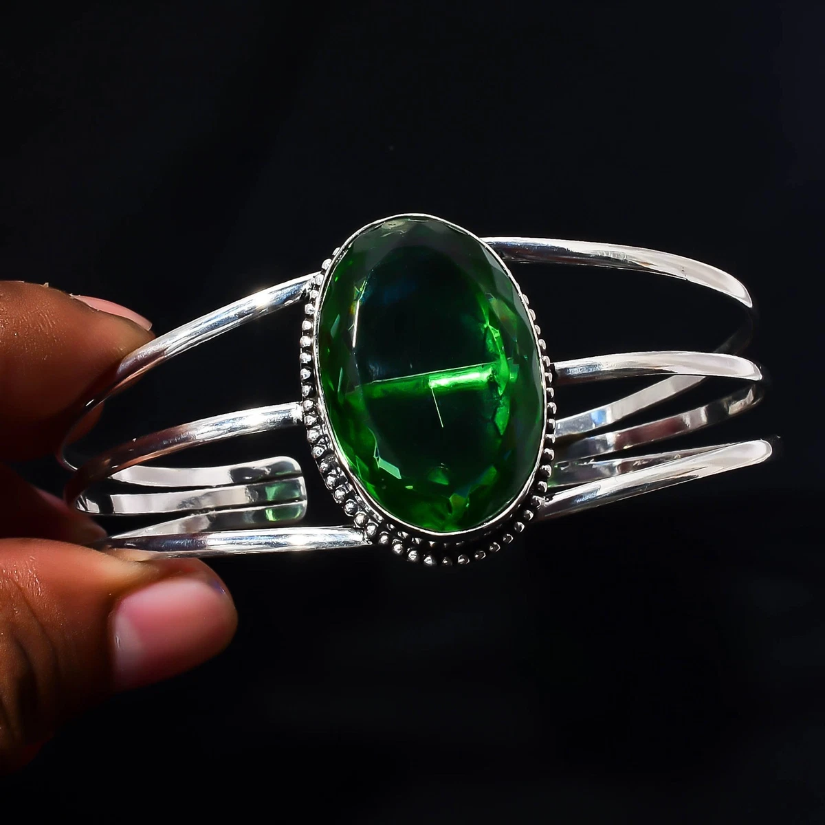Peridot Quartz Gemstone 925 Sterling Silver Handmade Bangle Jewelry Gift For Her