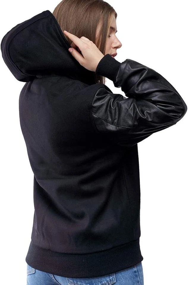 Varsity Base Letterman Hoodie Jacket All Black, Medium - Image 4 of 4