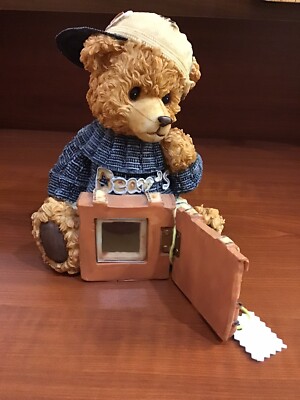BOY BEAR BANK WITH SECRET VIEWING WINDOW 7 IN TALL