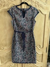 Talbots Midi Dress Navy White Short Sleeve Paisley Belted Career Lined Sz 8