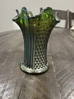 Fenton Diamond Point Columns Pattern Carnival Glass Swung Vase Green Vintage 6"