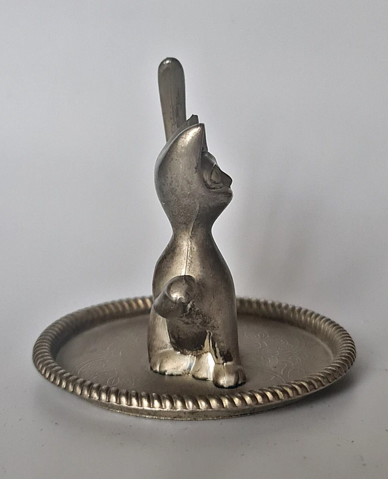 DE COLECCIÓN AUTÉNTICO SOPORTE DE ANILLO SEBA SIAMÉS GATITO GATO BANDEJA PLACA DE PLATA PELTRE Foto 3 de 4
