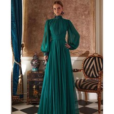 Fashion High Neck Green Prom Dresses Puff Sleeves Satin Vintage Gowns Party