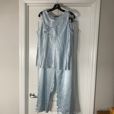 Vtg California Dynasty 2-piece Sleeveless Sleep Set XL Light Blue Embroidered