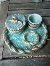 ancien service à tabac  ceramique turquoise et doré plateau, pots, cendrier..