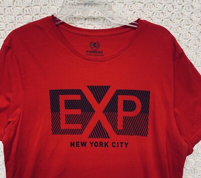 Express Exp Nyc Mens Shirt Size L Red Black Graphic Print Crew