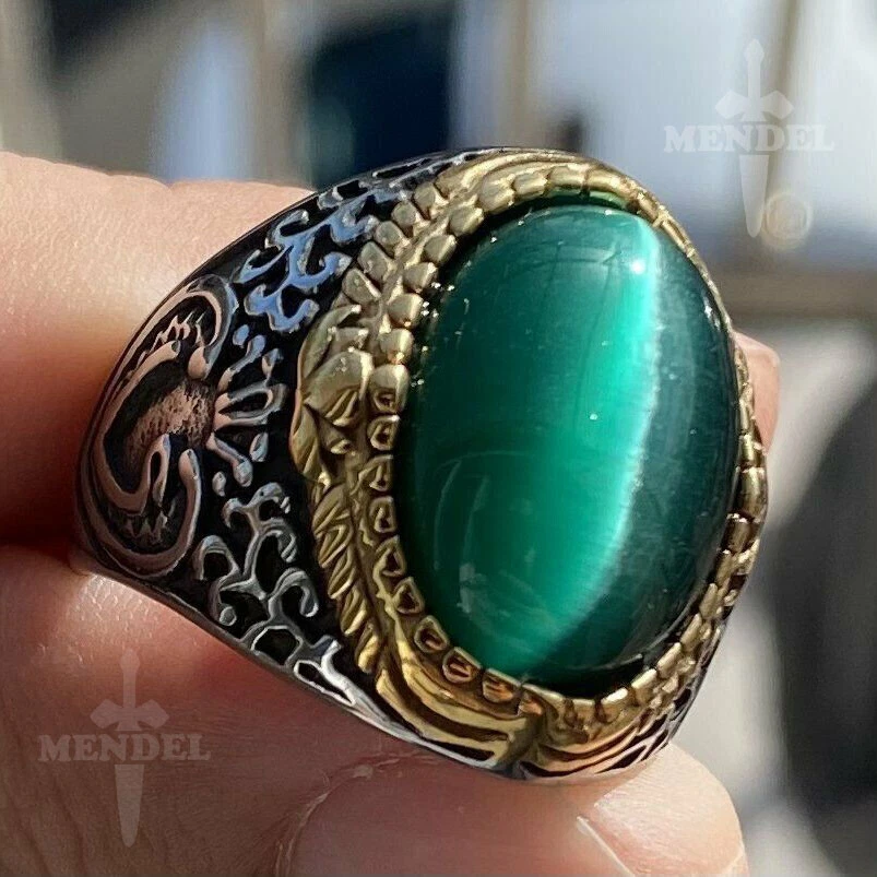 Anillo de piedra ojo de gato verde creado en laboratorio MENDEL para hombre de acero inoxidable talla 7-15 Foto 2 de 4