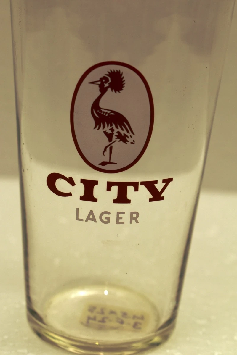 Vintage City Lager Beer Glass Crowned Crane Logo Gold Rim Breweriana Pub Barw"R4