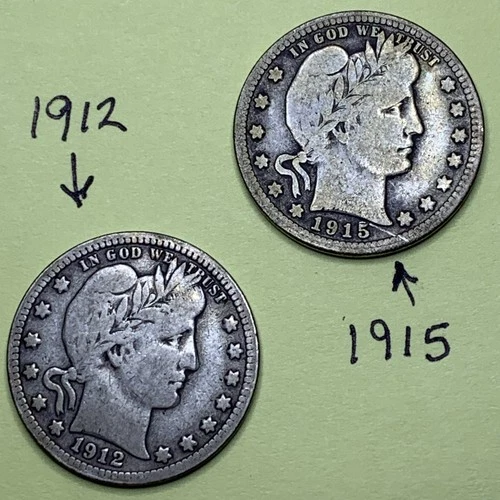 1912~S 1915~S - San Francisco Mint Silver Barber Quarter
