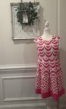 Talbots Pink & White Geometric Print Fit & Flare Dress Cap Sleeve- Size 14P