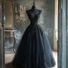 Black Gothic Wedding Dress Floor Length A-Line Tulle Bridal Gown Lace Appliques