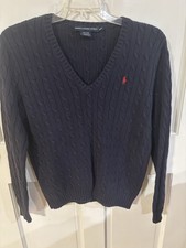 Men s Vintage Ralph Lauren Sport Cable Knit Sweater XL Blue V-Neck
