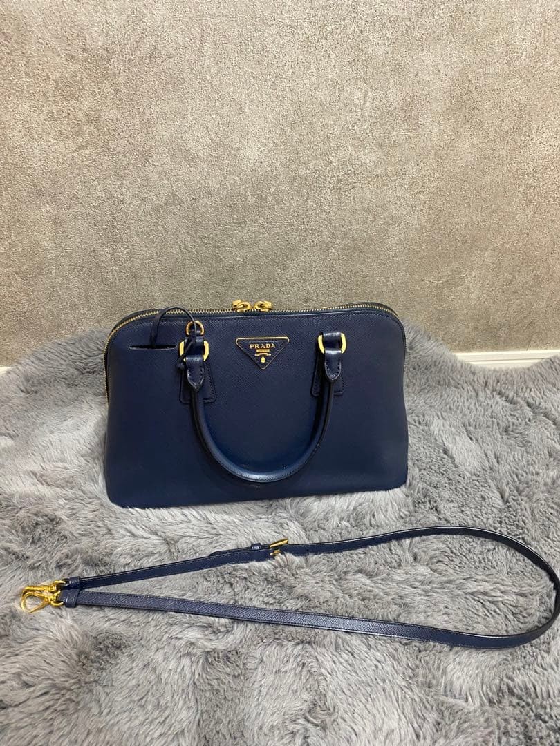 PRADA Saffiano Lux Tote Bag Blue Leather Gold Logo Used image 2