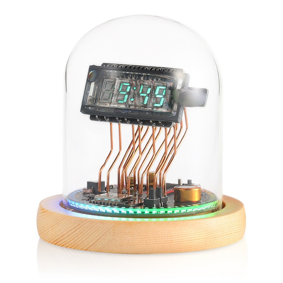 A VFD vacuum-fluorescent tube clock with Wi-Fi sync and RGB underglow — sits in the sweet spot between retro and smart-home.