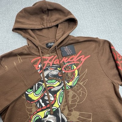 Ed Hardy Men's Cocoa Brown Snake Skull Graphic Hoodie Sweatshirt