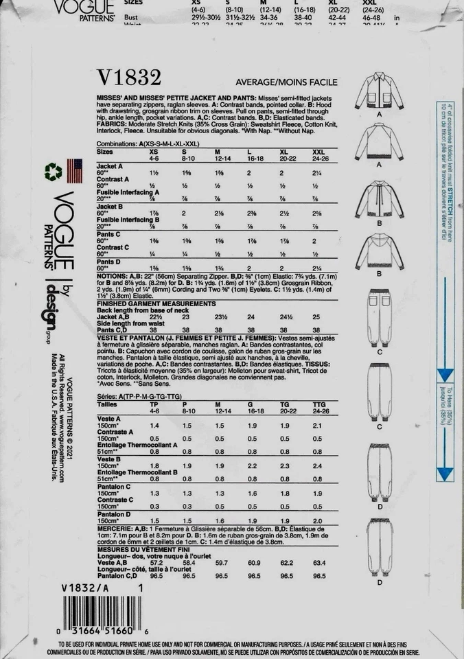 Vogue V1832 Misses XS - XXL Joggers Pants Jacket Uncut Sewing Pattern 1832 - Image 2 of 2
