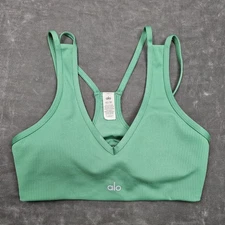 Alo Sports Bra Womens XS Green Ribbed Strappy V Neck Yoga Top Pads Athletic